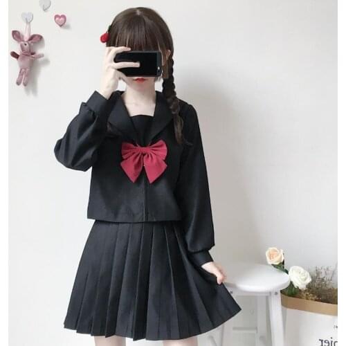 Black basic Middle Long Sleeve JK Uniform Sailor Dress Female Student Class Dress College Style Suit jkx123