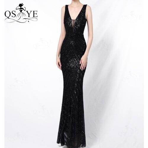 Black Sequin Evening Dresses 2021 Mermaid Long Prom Gown Glitter Sequin Formal Party Dress V Neck Black Wedding Formal Gown