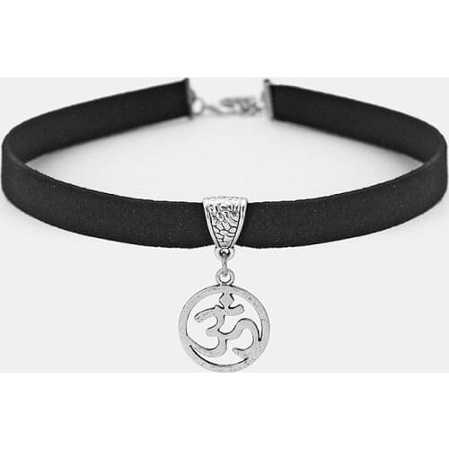 Black 10mm Flat Faux Suede Cord OM AUM Symbol Yoga Charm Choker Necklace 13inch