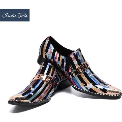 Christia Bella Fashion Printing Genuine Leather Men Business Shoes Plus Size Slip On Metal Square Toe Formal Dress Men Shoes