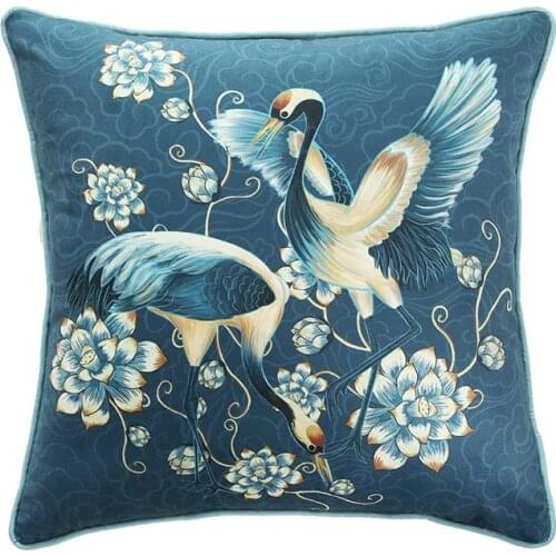 Sofa Pillowcase Red-Crowned Crane Cushion Covers Spiritual Animal Print Bedroom Decorative Pillow Cover Blue Velvet
