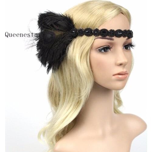 Elastic Feather Headband Black Rhinestone Beaded Sequin Hair Band 1920s Vintage Gatsby Wedding Headwear Women Flapper Headbands