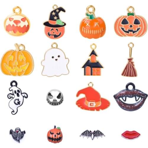 20Pcs/Lot Enamel Alloy Halloween Ghost Pumpkin Charms Bat Spider Skull Witch Hat Pendant For Necklaces Jewelry Making Accessory