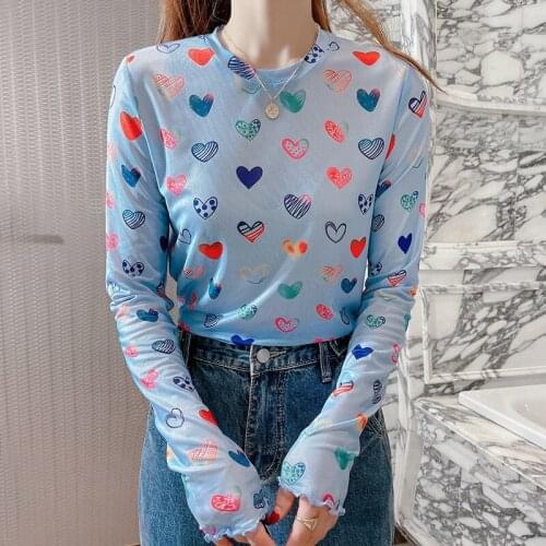 Casual Women T Shirts Long Sleeve Fishnet Bottom Shirt Streetwear Fashion Mesh Tops Female Clothing Heart Printed Tee Tops