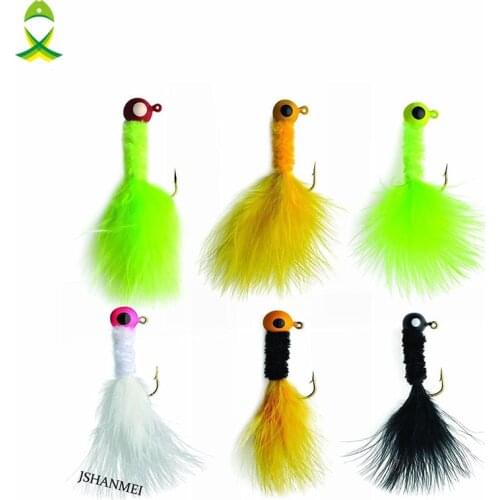 JSM 10pcs Assorted Color Crappie Jigs Head Ice Jigs Marabou Fishing Lure Accessory Bass Pike Walleye Feather Lead Head Hook