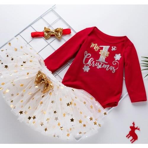 Fashion Girls Clothes Toddler Baby Kids Girls Christmas Day Romper Tops Dress Hairband Set 3 Piece Sets