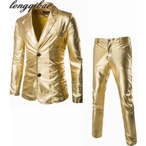Bronzing fabric fashion trend mens long sleeve bright side Slim leisure suits(Jacket + Pants) TB93