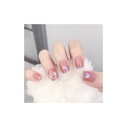 24pcs Pink Girl Fake Nails With Love Heart Printed Design Detachable Square Nail Patch Women Manicure False Nails with Glue