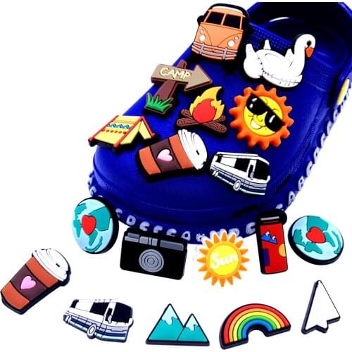 Wholesale 100PCS Mix Camping Series Croc JIBZ Slipper Decoration Buckles PVC Tent Coffee Shoes Charms Wristband Accessories