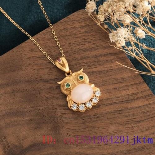 Jade Owl Pendant Crystal Chalcedony 925 Silver Chinese Jewelry Zircon Necklace Natural Fashion Charm Amulet Women Gifts
