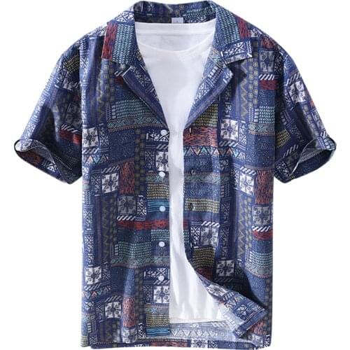 Print Short Sleeve Shirt for Men Regular Turn down Collor Fashion Tops Male Summer New Cotton Linen Button Down Retro Clothes