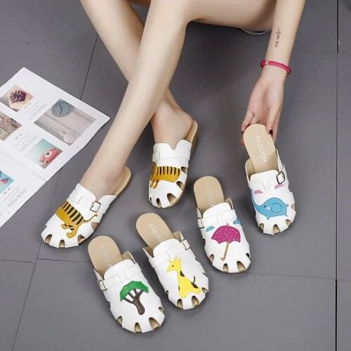 Anti-skid Flat Shoes Female Korean Wrapped Head Hollow Sandals Comfortable Printed High Quality Accessories