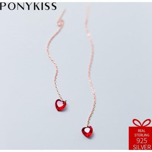 PONYKISS Romantic Real 925 Sterling Silver Sweet Red Heart Dangle Drop Earrings Women Fine Jewelry Accessory Wedding Party Gift