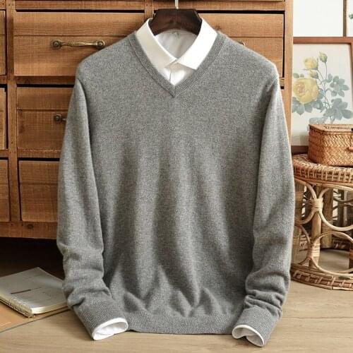 Pure cashmere sweater men v-neck winter thick youth cashmere sweater men solid color business casual bottoming shirt
