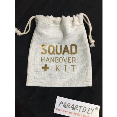 Custom gold Bride Squad Bachelorette Hangover bridal shower recovery Survival Kit wedding favor gift muslin bags Candy pouches