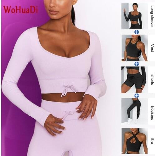 WOHUADI Sexy V-neck Long Sleeves Sports Set Yoga Women Clothing Suit Gym Fitness 2 Piece Folds Top High Waist Leggings Female