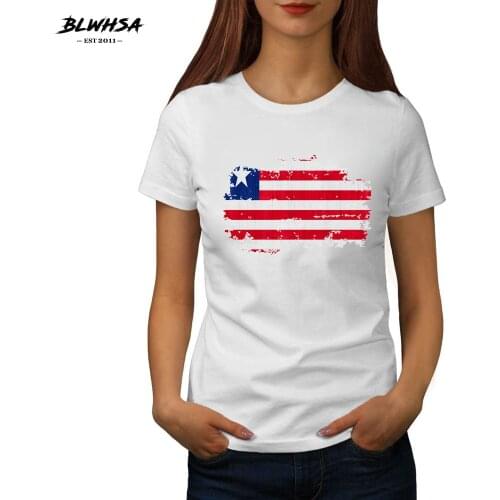 BLWHSA New Arrival Spring Summer O-Neck Liberia Nostalgic Flag Print Solid Color Cotton Women Casual Fashion T-Shirts