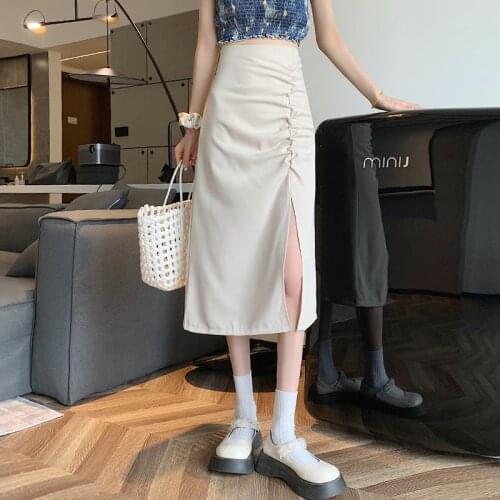 Summer Solid Elegant Skirt Women High Waist 2021 Korean Designer Split Casual Skirt Female A-Line Beach Outing Sweet Midi Skirt