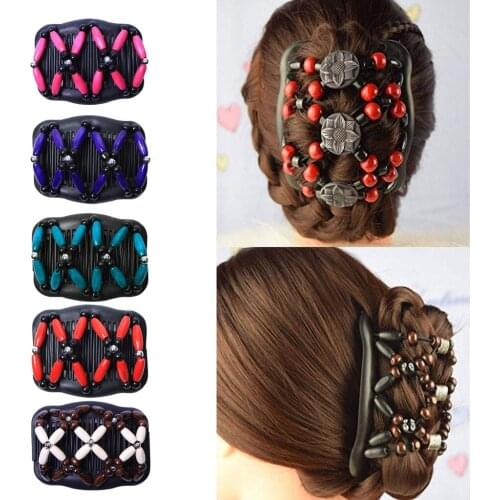 2019 Fashion Ladies Retro Double Hair Combs Bun Maker Stretch Wood Magic Beads Clip Updo Hairstyle Hair Accessories for Women