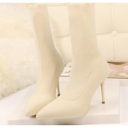 2021 Women Stretch Boots 7cm 9cm High Heels Fetish White Sock Ankle Boots Stripper Low Heels Warm Plush Autumn Winter Prom Shoes