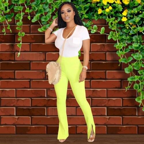 High Waist Bodycon Pants Women Elastic Skinny Solid Slim Fit Slit Chic Casual Pants Leggings Casual Split Hem Pants