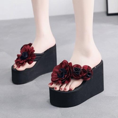 Size 41 Flower Wedge Platform Slippers Flip Flops Women House Shoes Slippers Women Summer Beaded Slippers Female Heel Shoes