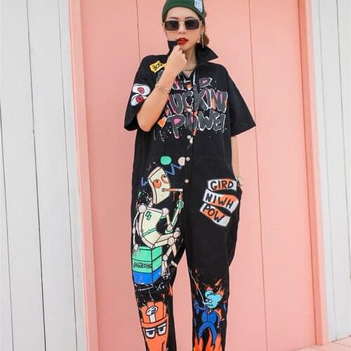 Cartoon Graffiti Print Jumpsuit 2021 Summer New Women Casual Loose Large Size Fashion Short Sleeved Jumpsuit Black Orange