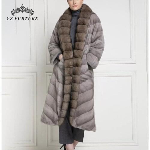 Women Genuine Real Mink Fur Coat 110cm Long Sable Fur Collar Ladies Elegant Mink Dark Grey Cardigan Winter Thick Warm Outwear