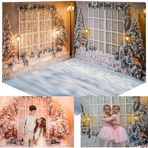 Winter Retro Window Backdrop Warm Light Christmas Trees Portrait Photo Background Snow Xmas Adult Kids Birthday Art Photography