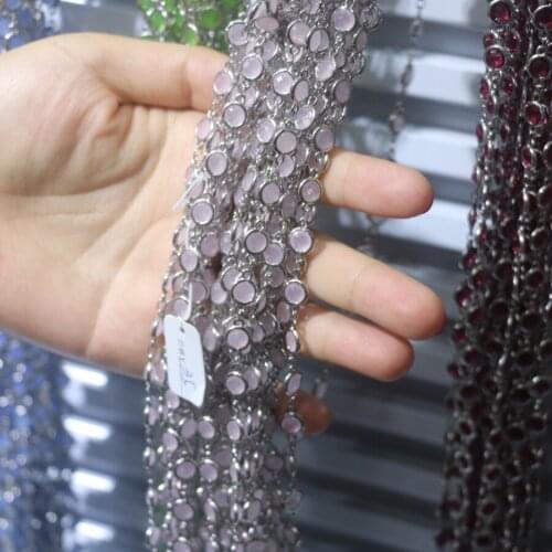 1M Copper Wholesale Gem stone Chain Faceted Clear Rose Pink Glass Wire Wrapped Plated Brass Links Flat Round Beads Findings