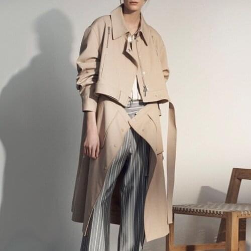 2021 New Patchwork Detachable For Female Windbreaker Jacket Lapel Collar Long Sleeve With Belt Womens Casual Coat 2020 Fashion