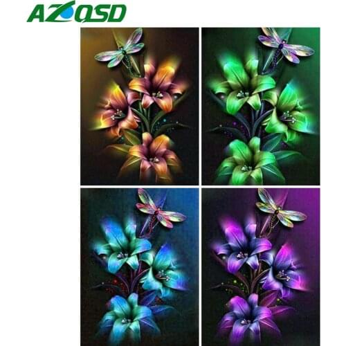 AZQSD Diamond Art Embroidery Dragonfly Lily Mosaic Rhinestones Handmade 5D Diamond Painting Flower Cross Stitch Home Decor