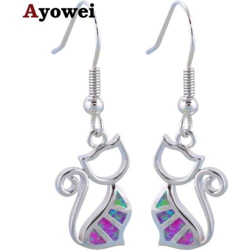 Ayowei Hot Sale Cat Design Pink Fire Opal 925 Silver Drop Earrings Black Friday Fashion Jewelry for Ladies OES628A