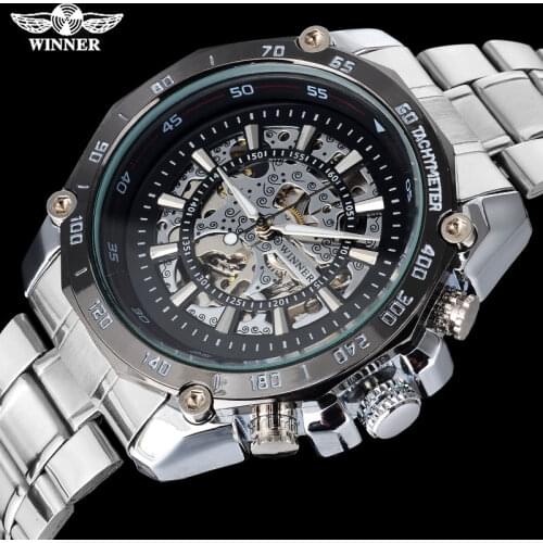 WINNER fashion casual men mechanical watches famous hot brand men skeleton black wristwatches stainless steel band reloj hombre