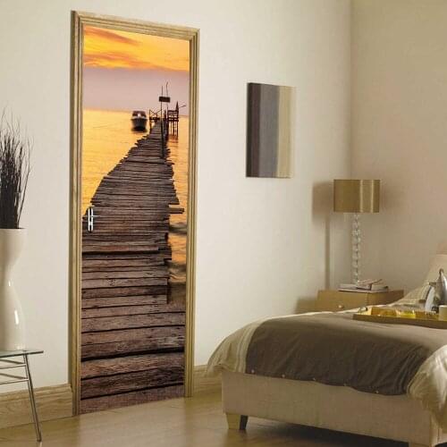 Doors on the sea, sunset dock, wooden doors refurbished, self-adhesive decoration, Watergate stickers
