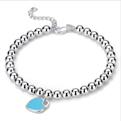 European S925 Sterling Silver Round Bead Bracelet Beaded Enamel Peach Heart Love Heart Shaped Female Silver Jewelry Same Type