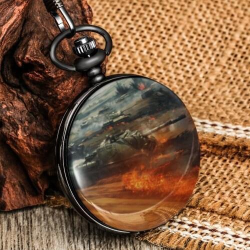 Personality Pocket Watch World War II Tank Group Pattern White Big Dial Classic Black Flip Cover Pendant Present For Husband