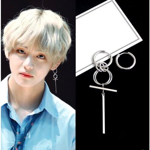 Korean Fashion Style Punk Bangtnn Boys Earrings for Men Asymmetric Pop Jewelry V DNA Earrings Friendship Party Gift