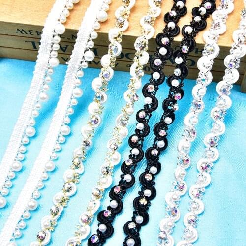 Crystal Rhinestone Ribbon Unilateral Beaded Lace Accessories Wedding Dress DIY Black and White Pearl Webbing Garment Decoration