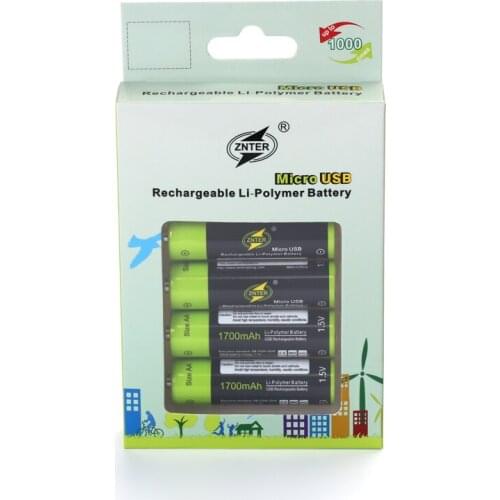 ZNTER 2/4pcs 1.5V 1700mah AA Rechargeable Battery USB Charging Lithium Battery Bateria by Micro USB Charging Cable Dropship