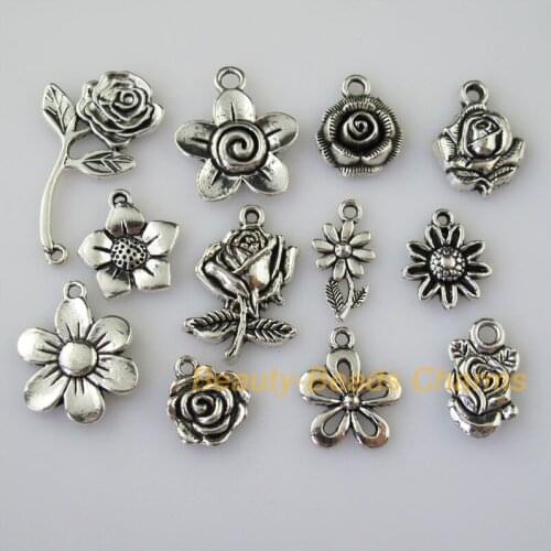 Fashion 24Pcs Antiqued Silver Color DIY/Lovely Flower Mixed Charms Pendants