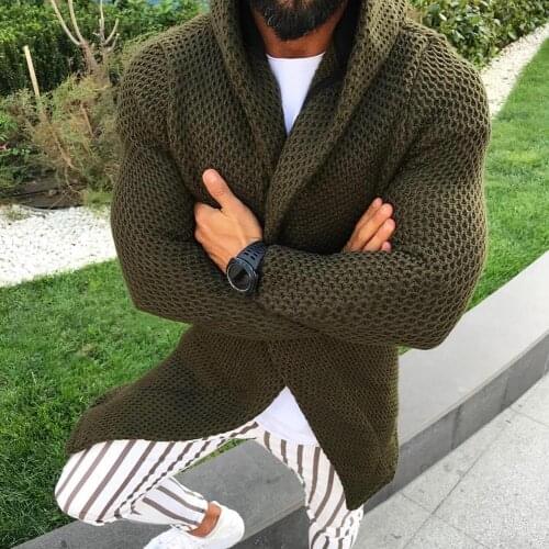 Mens Cardigan Sweater Casual Autumn And Winter Long Fashion Sweater Coat With Hood