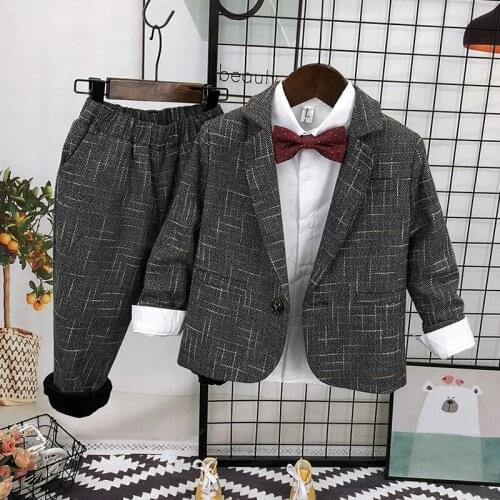 Boys Autumn/winter Blazer Suit 2021 Korean Children Plus Velvet Two-piece Blazer Suit Childrens Flower Performance Costume 2-8Y