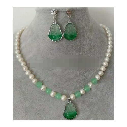 7-8mm White fresh water pearl & happy Buddha jade pendant necklace earrings set