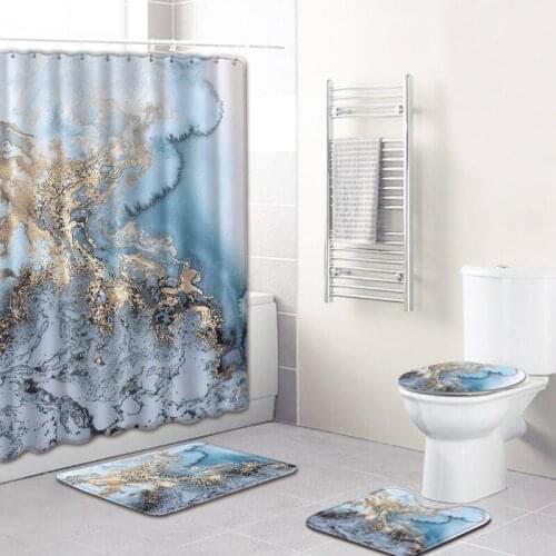 Marble A Printed Bathroom Carpet Set Four-piece Waterproof Shower Curtain Absorbent Non-slip Mat Bathroom Rug Set Bath Mat Set