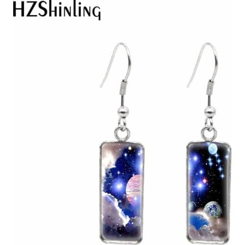 2021 New Art Outer Space Planet Rectangular Earring Colourful Galaxy Fish Hook Earrings Glass Cabochon Handmade Jewelry