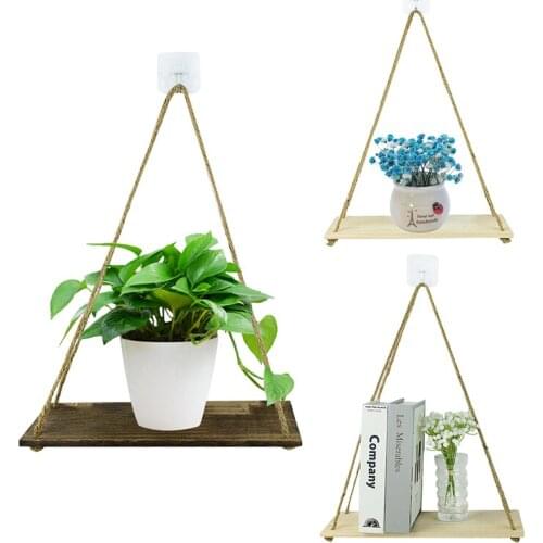 New Wooden Rope Swing Wall Hanging Plant Flower Pot Wall Mounted Floating Shelves Indoor Outdoor Decoration Moredn Simple Design