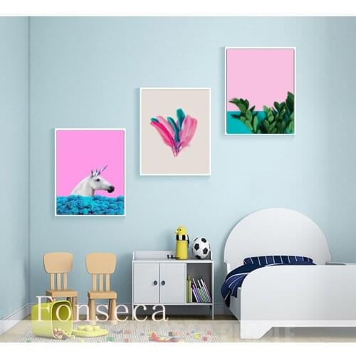Rose Pink Poster Nordic White Unicorn Colorful Feather Green Leaf Canvas Painting Modern Posters And Prints Home Decoration