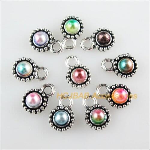 40 New Round Charms Mixed Acrylic Flower Pendants Tibetan Silver Tone 7.5x11.5mm