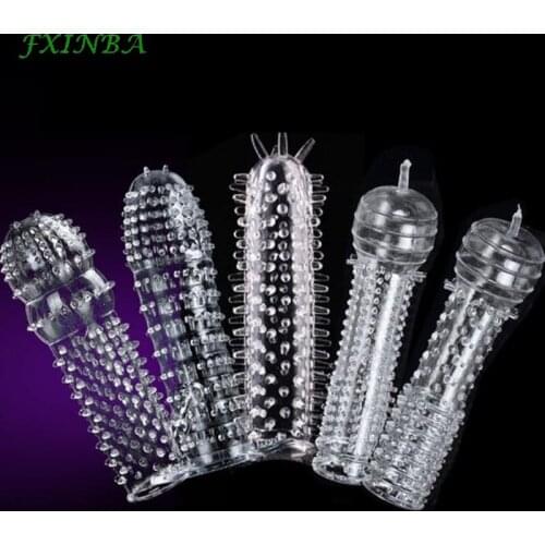 FXINBA 5pcs/set 125mm Reusable Condom Newest Crystal Cock Rings Adult Sex Toys Penis Sleeves Penis Extension Enlargement For Men